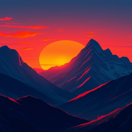 Create a digital illustration of a mountain range with a large sun setting behind it, featuring vibrant orange and red gradients in the sky, high-resolution, shot in a wide angle view with a digital painting style.