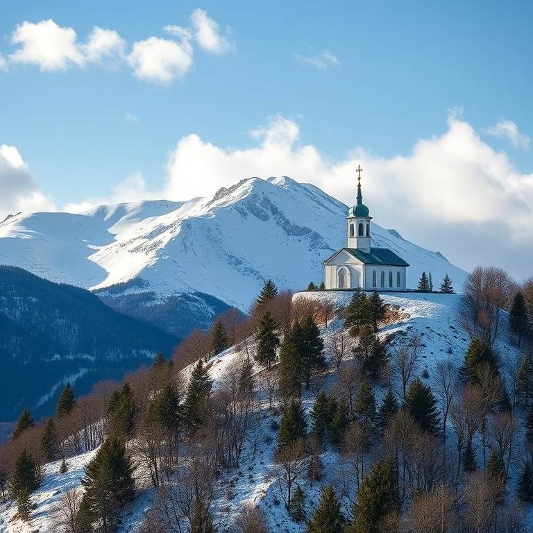 Create a high-resolution image of a snowy mountain landscape featuring a white church on a hillside, using a DSLR camera with a 24mm lens, aperture f/11, ISO 100, and a shutter speed of 1/200s, capturing the scene in bright daylight with a slight cloud cover for texture.