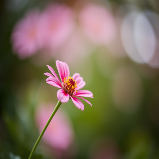 macro shot of a single pink flower against a blurred background with soft bokeh, f/2.8 aperture, ISO 200, 50mm lens, taken with a DSLR camera from a low angle to enhance the flower's texture and colors