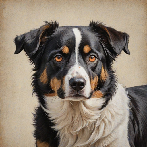 Create a detailed illustration of a black and white dog with striking amber eyes. The dog's face should be prominent and expressive, featuring a mix of fur textures. The background should be a soft, neutral color to enhance the dog's features. The overall style should be bold and graphic, emphasizing the dog's unique characteristics.
