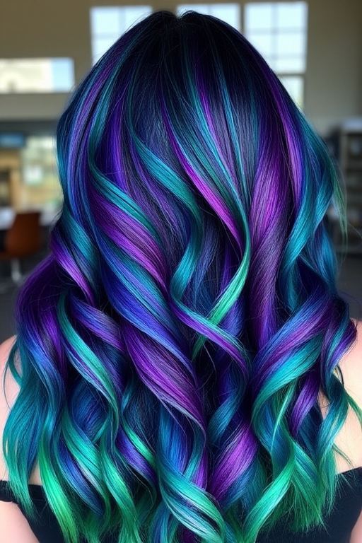 Vibrant peacock-inspired ombré flowing from deep teal to rich purple and ending in emerald green tips, styled in loose waves dubbed "Exotic Plumage" celebrating nature's beauty