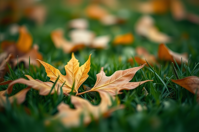 close-up shot of autumn leaves on green grass, shallow depth of field, soft natural lighting, DSLR camera, aperture f/2.8, shutter speed 1/200s, ISO 100, focus on leaves but slightly blurred background