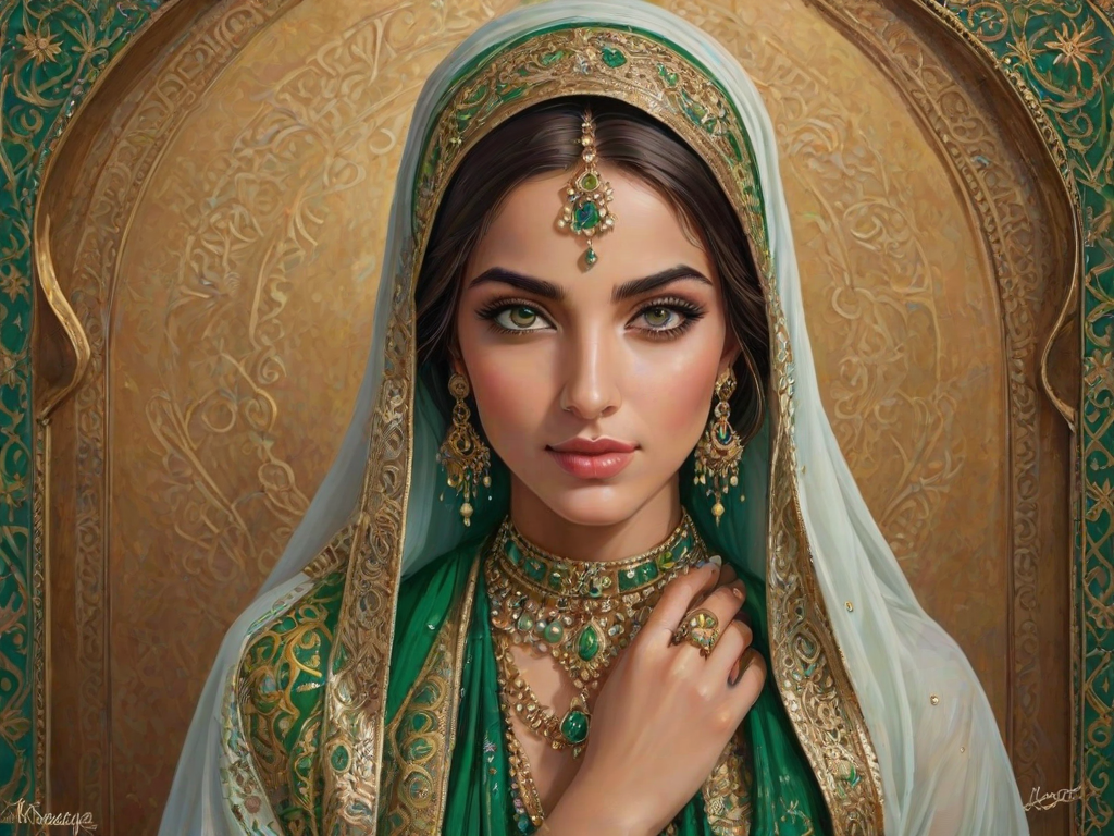 Create a portrait of a beautiful Arab woman with striking green eyes and a gentle expression. She is adorned in traditional attire with intricate patterns, including a richly embroidered headscarf and matching garments. Her jewelry includes a delicate headpiece, dangling earrings, and ornate bracelets, all featuring vibrant gemstones and detailed metalwork. The background is soft and warm, enhancing the rich colors of her outfit and jewelry.