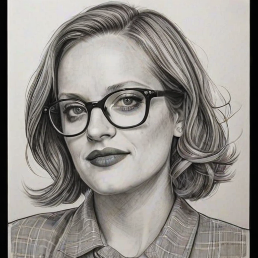 Stunning Elizabeth Moss, pencil sketch, portrait of Superb woman 1932s in glasses, hair style beatnik, outline, clear lines, fine lines, 8k