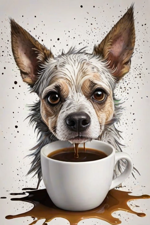 A quirky, artistic illustration of a disheveled bull arab dog breed with exaggerated, large eyes and spiky fur, holding a coffee mug that reads "Good Morning". The dog has a tired but humorous expression, with ink splatters and abstract details surrounding it, giving a whimsical feel to the image. The color palette is mostly monochrome with hints of white in the eyes and steam rising from the mug, enhancing the overall sleepy vibe