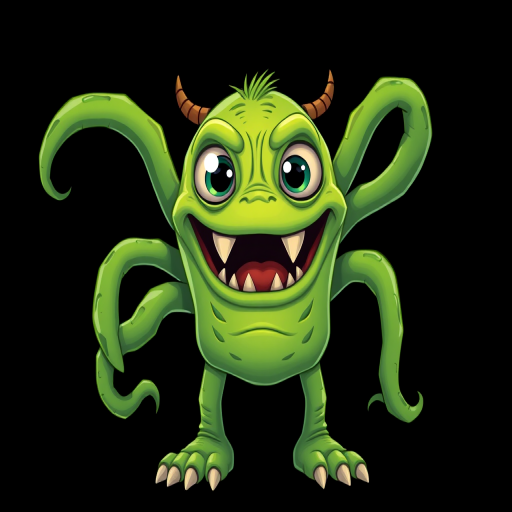 Create an illustration of a cartoonish green monster with five tentacle-like limbs, a wide mouth with sharp teeth, and large eyes, with a black background, captured in high-resolution using a Canon EOS R5 with a 50mm f/1.2 lens at f/8, ISO 100, in a studio lighting setup for enhanced color vibrancy and sharpness.