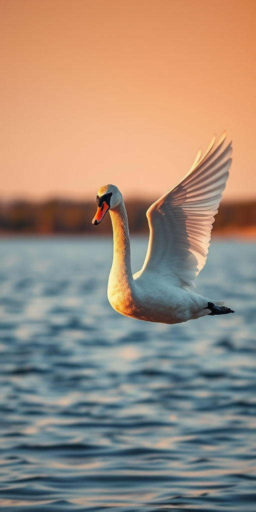 Capture a close-up shot of a swan in flight over a serene lake with a 400mm lens, aperture set to f/5.6, shutter speed of 1/1000s, ISO 400, golden hour lighting, using a DSLR camera for enhanced detail and clarity.