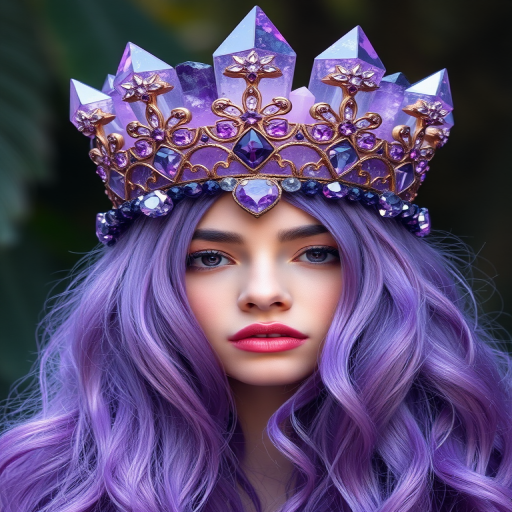 Mystical amethyst crystals form a regal crown atop cascading violet locks, infused with shimmering quartz dust for a truly magical and healing aura