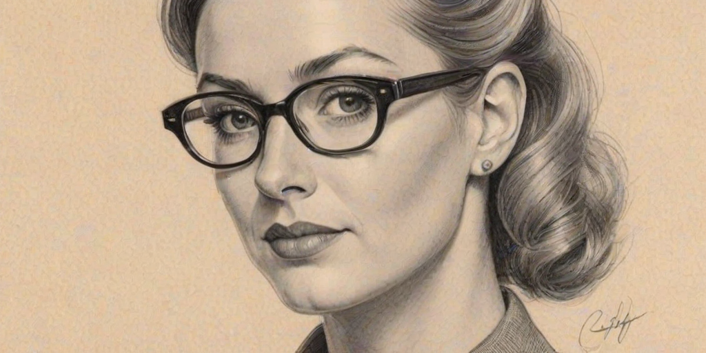 Sublime Sophie Wessex, pencil sketch, portrait of Comely woman 1940s in glasses, hair style beatnik, outline, clear lines, fine lines, 8k