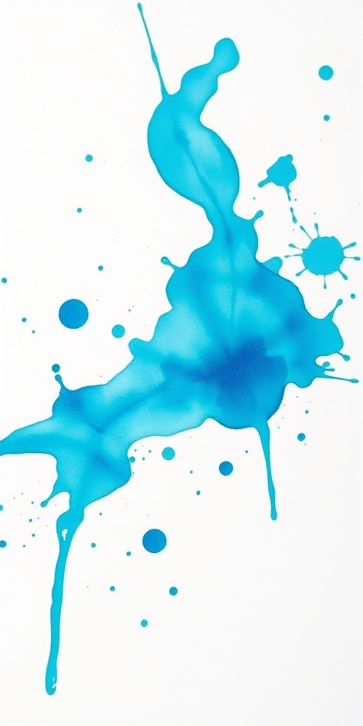 Create a vibrant abstract watercolor design with splashes of turquoise and blue on a white background, shot with a DSLR camera at f/8, ISO 100, 50mm lens, ensuring a sharp focus and high color saturation, in natural lighting from a slightly elevated angle.