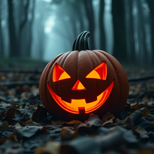 A glowing jack-o'-lantern with a mischievous grin sitting on the forest floor surrounded by fallen leaves, captured in a low-angle view using a DSLR camera with a 50mm lens at f/1.8, ISO 400, shutter speed 1/60 sec, in a moody, atmospheric setting with fog for enhanced depth.