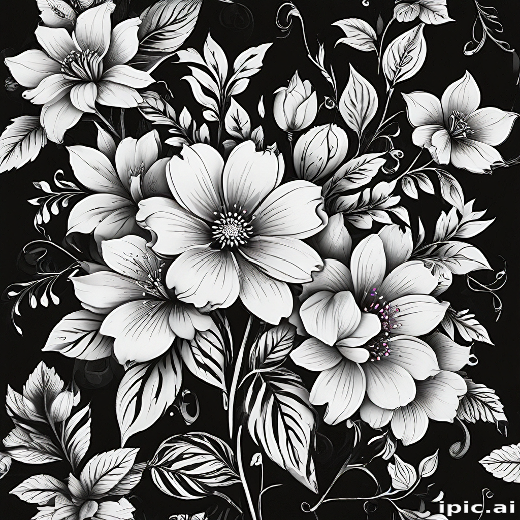 Elegant Black and White Floral Pattern with Intricate Botanical Designs