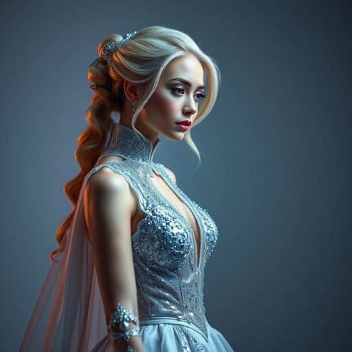 Create a highly detailed image of an elegant character in a shimmering silver gown, captured with a DSLR camera, 50mm lens, f/1.8 aperture, shot at 1/100s shutter speed, soft focus background, studio lighting.