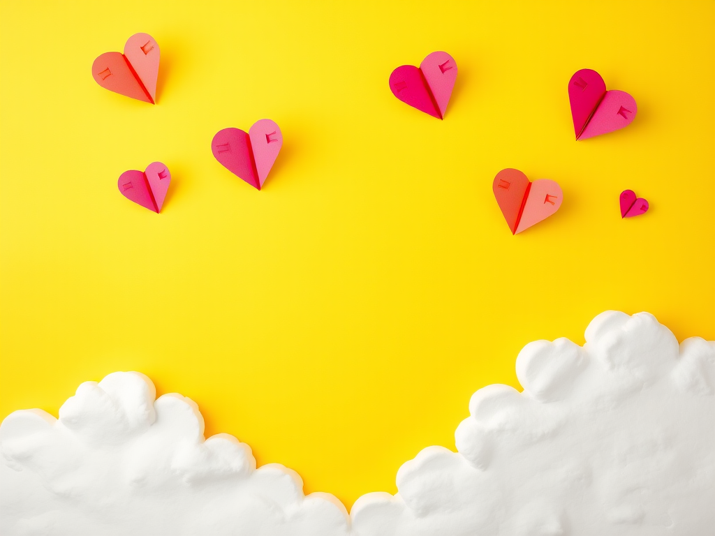 create a vibrant yellow background with fluffy white clouds at the bottom and colorful paper airplanes shaped like hearts flying in the sky