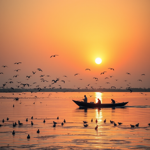 capture a serene sunset over a river with silhouetted fishermen on a boat, flocks of birds in flight and on the water, warm golden hues reflecting on the surface, ISO 200, f/8, 1/200 sec, wide-angle lens, DSLR camera, landscape orientation