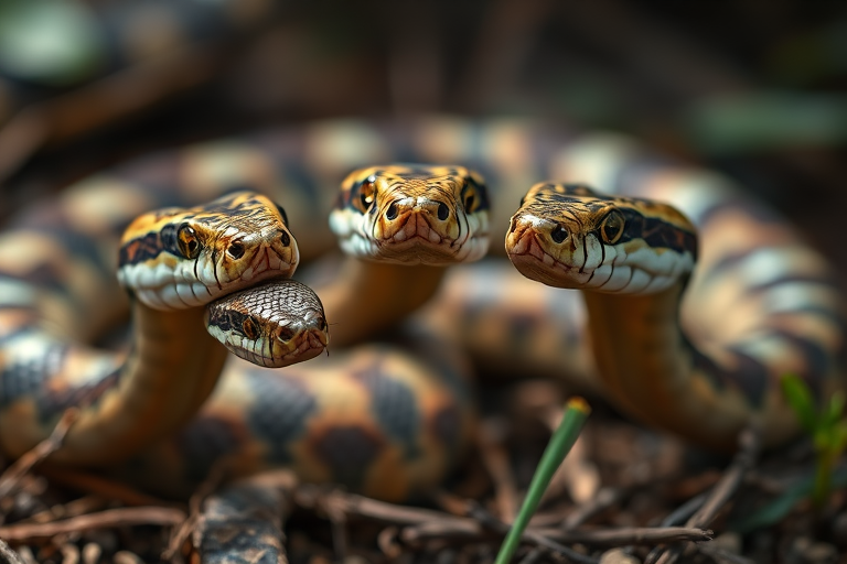 A high-resolution image of three distinct snakes in a natural setting, close-up view, focus on textures and colors, with a shallow depth of field; taken with a DSLR camera, 50mm lens, f/2.8 aperture, ISO 100, natural lighting.