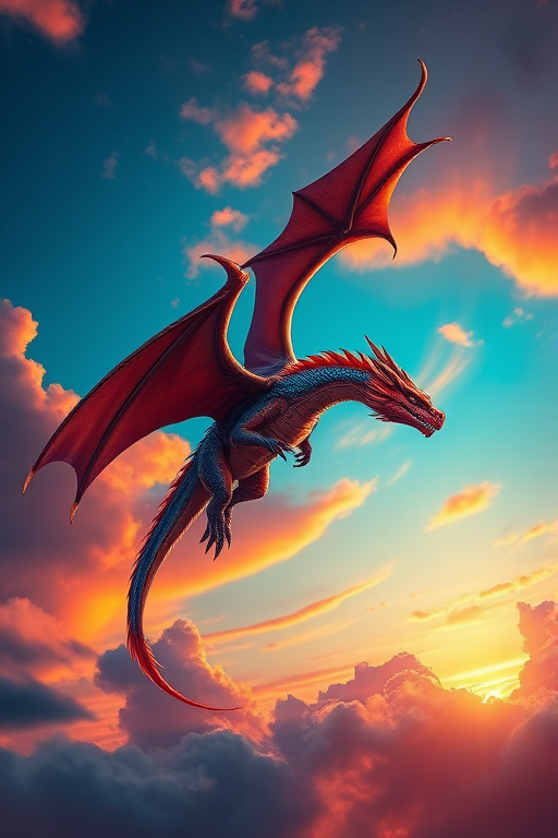Create a highly detailed digital illustration of a majestic dragon soaring through a vibrant sunset sky, with enhanced colors and sharp details, using a DSLR camera type, with a focal length of 50mm, aperture set to f/2.8, ISO 100, and a cloudy background for contrast.