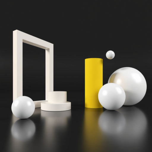 3D render of abstract geometric shapes including a yellow cylinder and white spheres on a black background, with soft shadows and reflective surfaces, using a DSLR camera, f/8 aperture, ISO 100, 50mm lens, 3-point lighting setup.