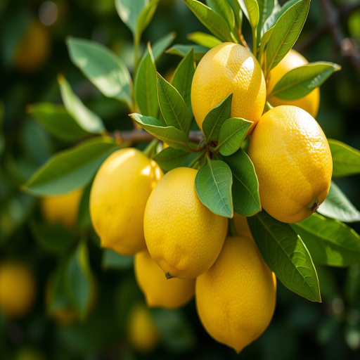 Lemons on a green branch, soft natural lighting, 50mm lens, f/2.8 aperture, ISO 100, macro photography, shallow depth of field, focus on the lemons.