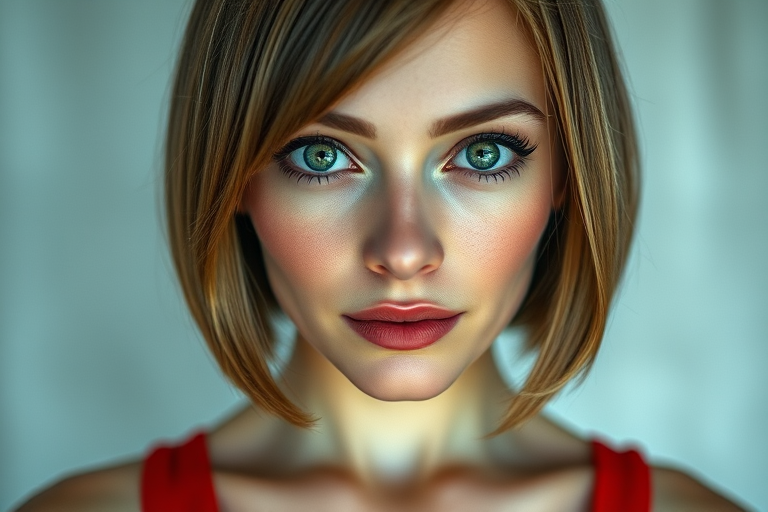 Create an image of a woman with a bob haircut and green eyes, wearing a red strapless top, in a high-resolution digital art style, using a camera view that focuses closely on her face, with settings of f/2.8 aperture, ISO 100, and a 50mm lens to enhance the depth of field and clarity.