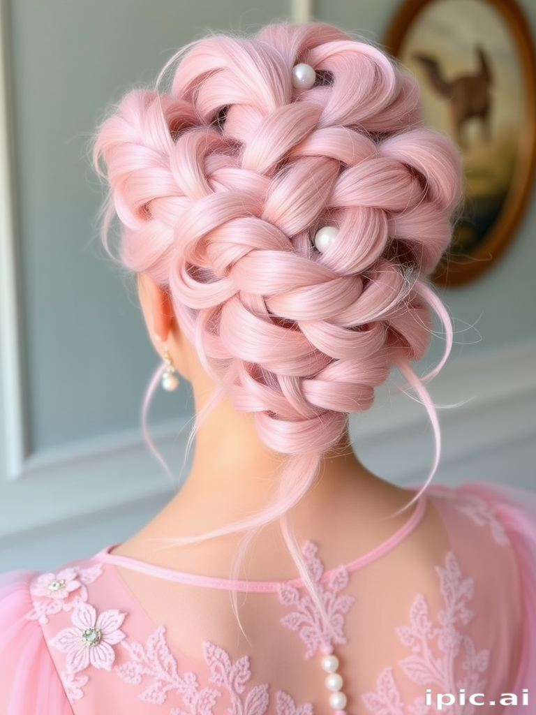 Ethereal pastel pink updo known as "Cotton Candy Cloud" incorporates intricate braids and twists, adorned with delicate pearl accents and wispy tendrils framing the face