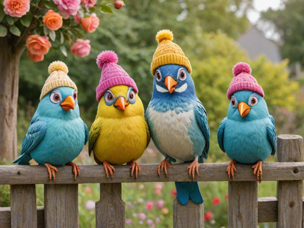 create a scene of 4 quirky  whimsical colourful comical birds each with a funny expression. they are sat on a wooden fence with colourful flowers. they are all different sizes. each one is a different colour  one is wearing a woolly hat. Each one has a different quirky google expression and there is a muted background of trees watercolour paintierly style high definition 8k resolution 3D paper mache