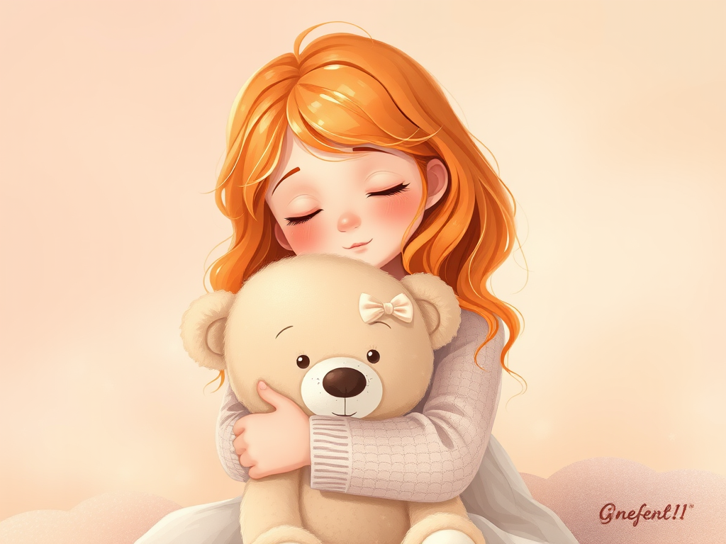 Create a soft, dreamy illustration of a girl with wavy orange hair, hugging a light-colored teddy bear, with pastel-colored backgrounds, using a Canon EOS R5, 50mm lens, f/1.8 aperture, ISO 100, natural light for a warm ambiance.