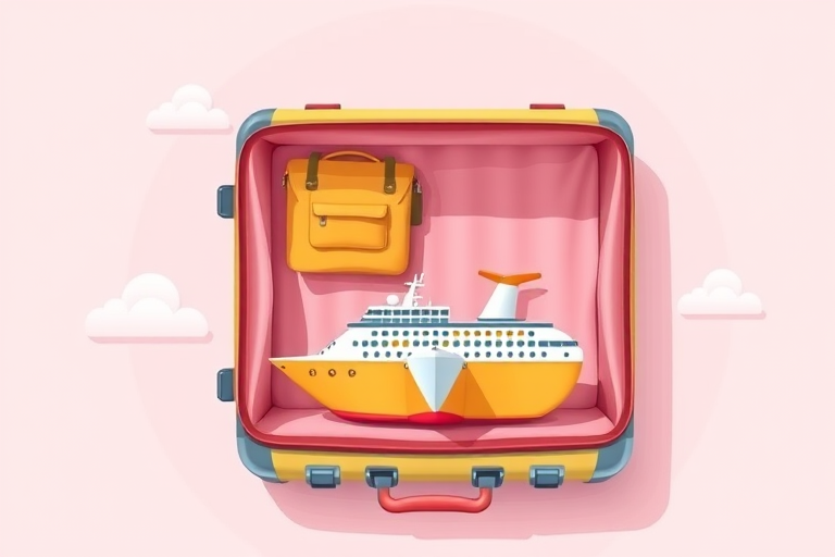 Create a colorful vector illustration of an open suitcase featuring a yellow duffle bag and a white cruise ship model inside, with a pastel pink background and soft clouds, using Adobe Illustrator settings, 300 DPI, sharp focus, top-down view, flat design style.