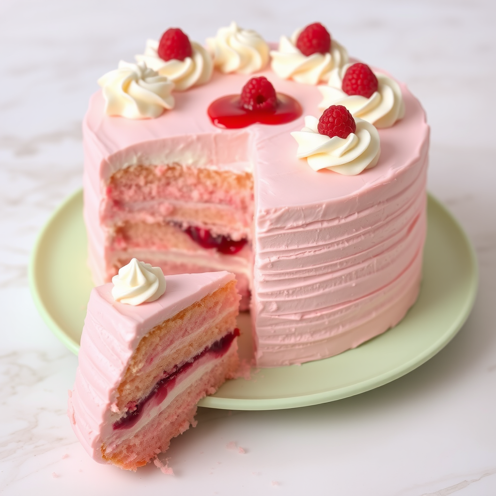 Create an image of a beautifully decorated pink cake with cream frosting and raspberry filling. The cake should have a fluffy texture and be topped with swirls of whipped cream and small dollops of raspberry sauce. It is placed on a pastel green plate and a slice has been removed to show the layers inside. The background should be a light marble surface.