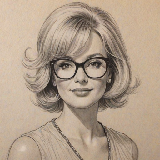 Wonderful Christine Ebersole, pencil sketch, portrait of Stunning woman 1965s in glasses, hair style beatnik, outline, clear lines, fine lines, 8k