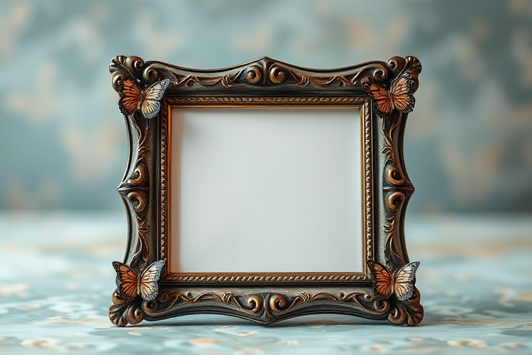 Regenerate a decorative image of a vintage photo frame with intricate butterfly designs in the corners, using a DSLR camera with a 50mm lens, f/1.8 aperture, ISO 200, natural lighting, and a soft focus background to enhance detail.