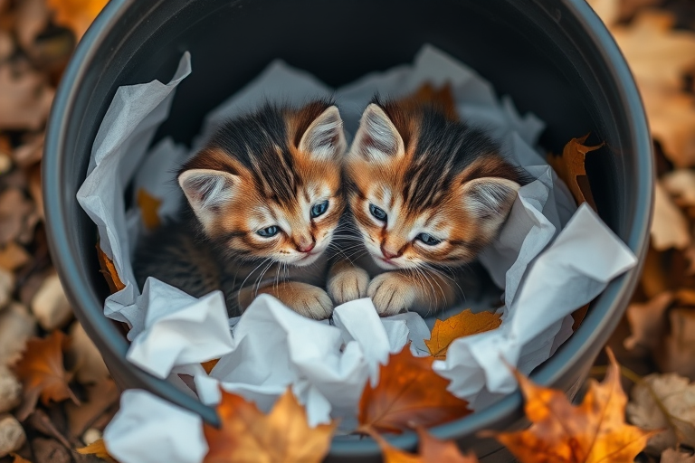 two adorable kittens cuddling in a trash can surrounded by crumpled papers and autumn leaves, soft natural lighting, shallow depth of field, 50mm lens, f/1.8 aperture, ISO 200, captured with a DSLR camera