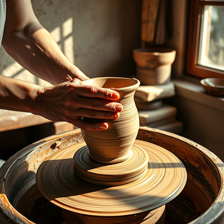 Sharp, detailed image of a pottery wheel in motion, hands shaping a vase from wet clay, sunlight streaming through a nearby window, soft shadows cast on the workbench, the smell of damp earth and the soft hum of the wheel filling the air.