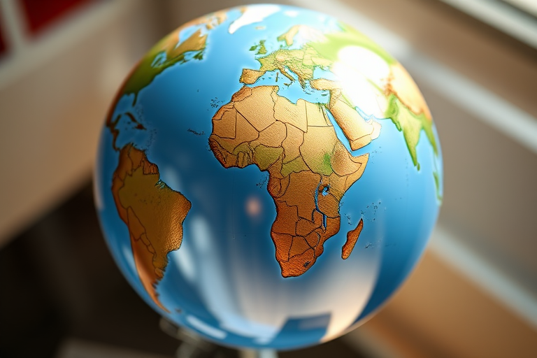 Create a highly detailed 3D rendering of a glossy globe showing continents and oceans, using a Canon EOS 5D Mark IV, aperture f/8, ISO 100, focal length 50mm, shot from a slightly elevated angle with soft natural lighting and a depth of field effect.