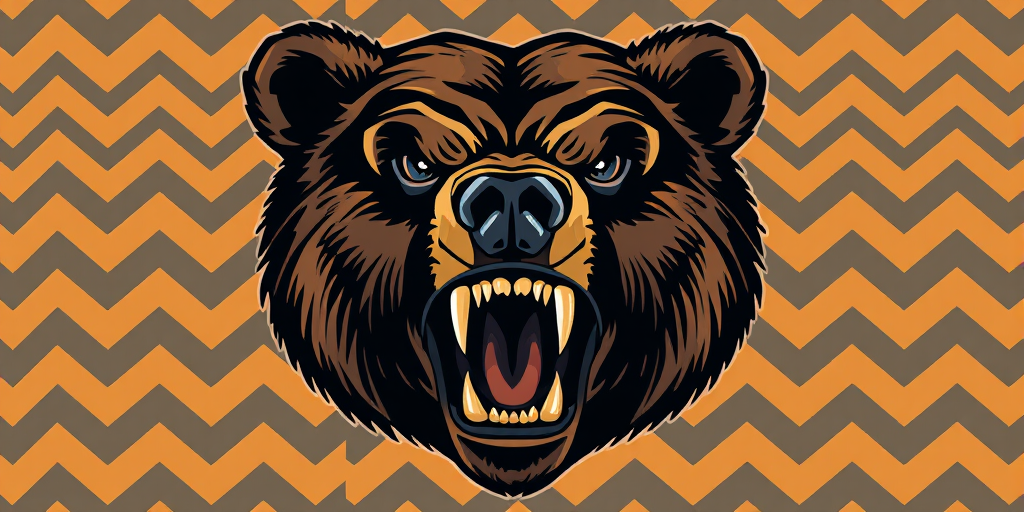 Create a high-resolution illustration of a fierce bear's head, showcasing sharp teeth and intense eyes, against a bold chevron-patterned background, using a Canon EOS R5 camera with a 50mm lens, f/2.8 aperture, 1/200s shutter speed, and ISO 100 for vibrant colors and detailed textures.
