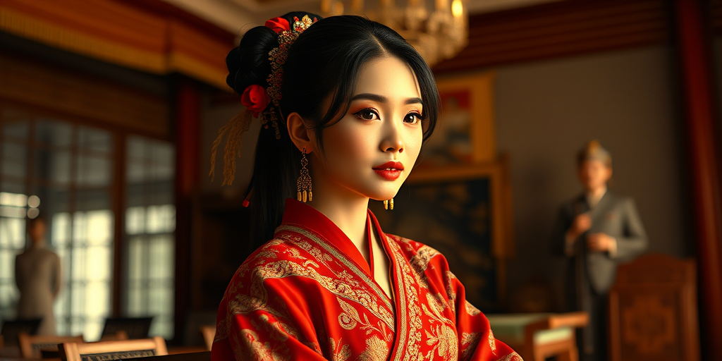 A beautiful Pacific Islander woman in traditional East Asian attire, intricately detailed with embroidered patterns, sitting gracefully in a richly decorated room, soft ambient lighting, serene and elegant, ultra-realistic, 8K resolution