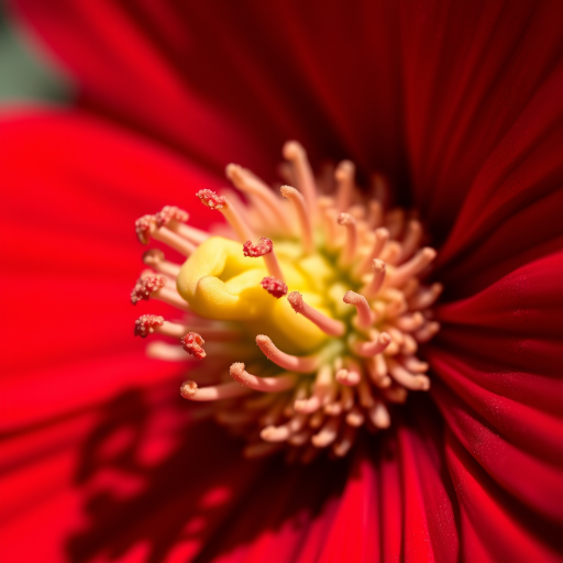 macro close-up of a vibrant red flower with intricate petal details, f-stop 3.5, ISO 100, 85mm lens, natural light, DSLR camera