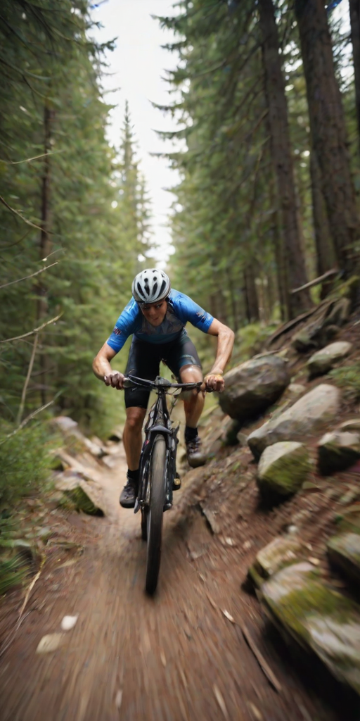Blurry, action-packed image of a cyclist speeding down a steep mountain trail, soft focus on the surrounding trees and rocks, with a feeling of speed and adrenaline.