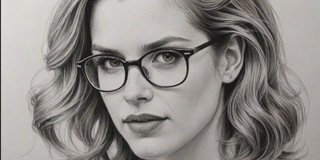 Wonderful Anna Chlumsky, pencil sketch, portrait of Lovely woman 1931s in glasses, hair style beatnik, outline, clear lines, fine lines, 8k