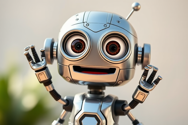 Create a detailed illustration of a friendly cartoon robot with big expressive eyes, a shiny metal finish, and a playful posture, captured with a Canon EOS R5, 50mm lens, f/2.8 aperture, ISO 100, in natural daylight, ensuring vibrant colors and sharp details.