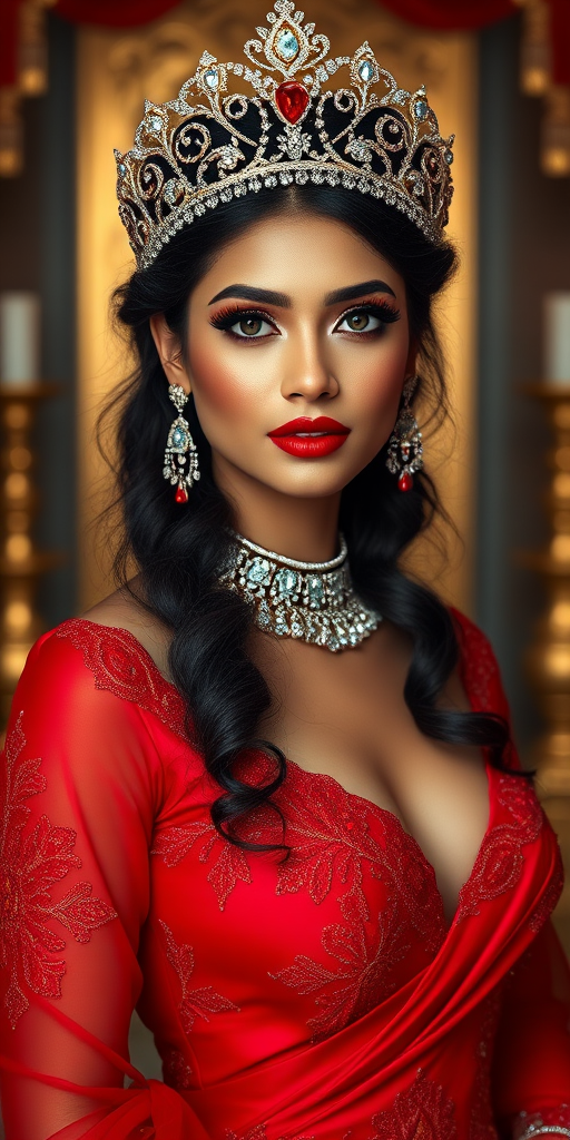 A gorgeous Nepali woman in a luxurious red gown, accessorized with a dazzling tiara and statement earrings, her deep cyan eyes highlighted by impeccable makeup, poised in a royal setting, photorealistic, 8K quality