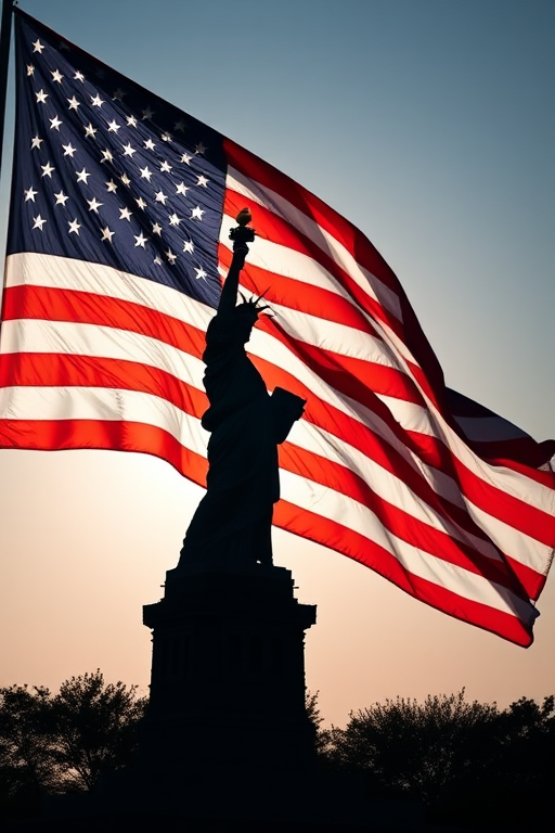 Create a high-resolution silhouette image of the Statue of Liberty with a waving American flag in the background, using a DSLR camera at f/8 aperture, 1/250 shutter speed, ISO 100, shot from a low angle with a wide-angle lens to capture the grandeur and movement of the flag.
