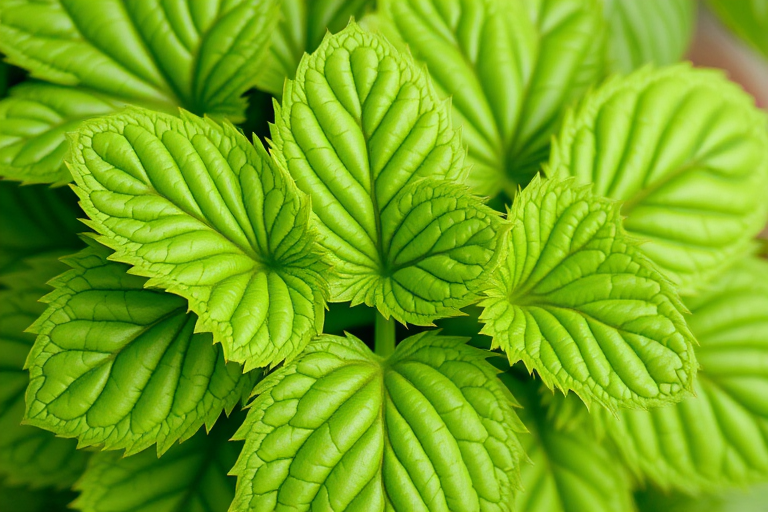 Create a high-resolution, detailed image of green raspberry leaves with a natural texture and vibrant colors.