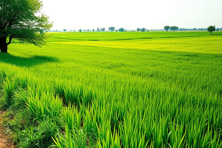 regenerate a rural landscape image featuring lush green grass and a tree on the left side with a clear sky, using a Canon EOS 5D Mark IV, aperture f/8, shutter speed 1/200 sec, ISO 100, with a wide-angle lens at 24mm for enhanced depth of field and clarity.