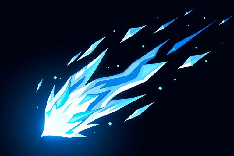 Create an illustration of a stylized icy comet with blue and white hues, featuring sharp spikes and a dynamic tail, using a DSLR camera with an aperture of f/8, a shutter speed of 1/500s, and a 35mm lens, in a bright, high-contrast lighting setup.