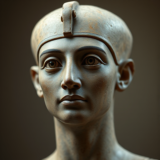 Regenerate a detailed 3D render of an ancient Egyptian bust, emphasizing facial features and textures, shot with a DSLR camera at f/8 aperture, ISO 100, 50mm lens, with soft diffused lighting and a slight vignette effect for depth.