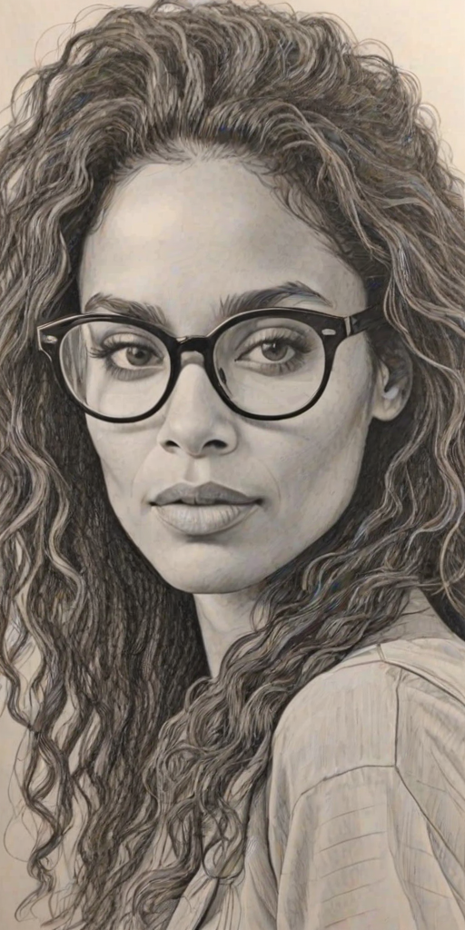 Radiant Lisa Bonet, pencil sketch, portrait of Radiant woman 1966s in glasses, hair style beatnik, outline, clear lines, fine lines, 8k