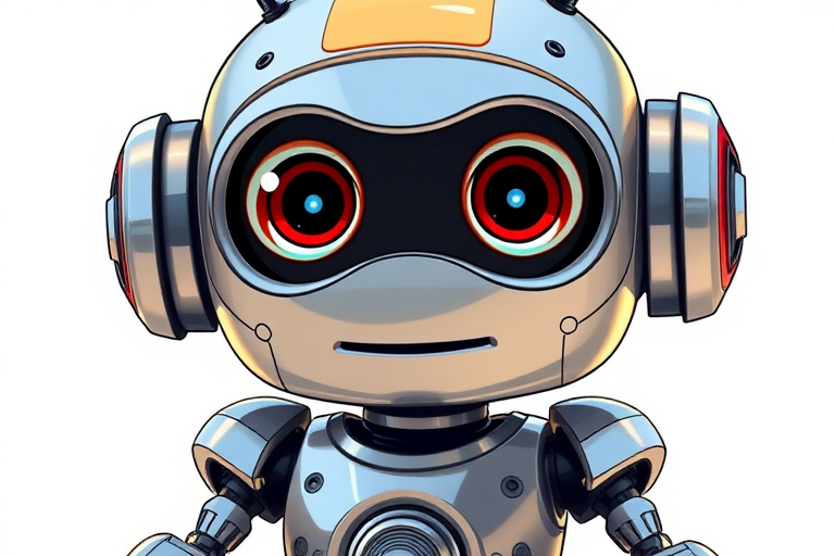 Create a detailed illustration of a friendly cartoon robot with big expressive eyes, a shiny metal finish, and a playful posture, captured with a Canon EOS R5, 50mm lens, f/2.8 aperture, ISO 100, in natural daylight, ensuring vibrant colors and sharp details.