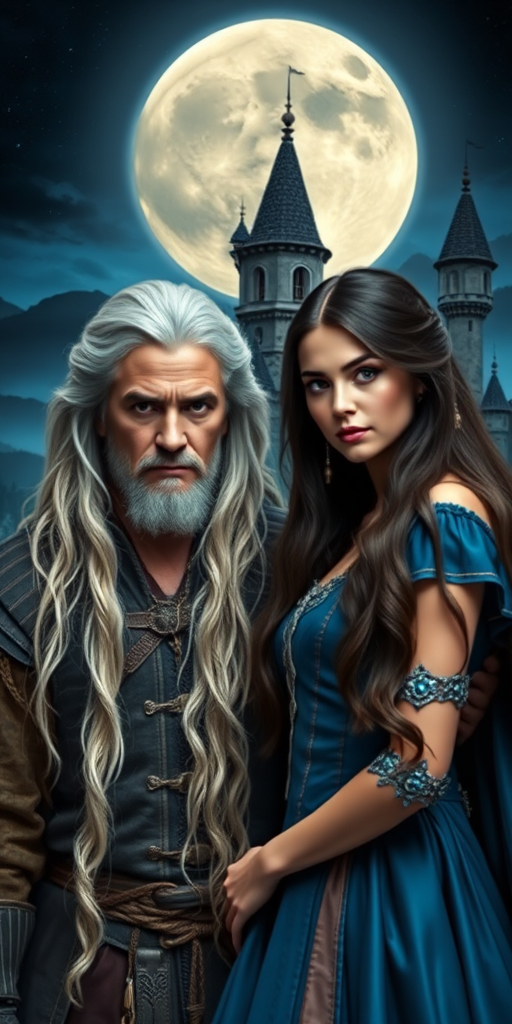 Create a fantasy portrait of a male and female character, the male has long white hair and a rugged look, wearing medieval clothing while the female has long dark hair and is wearing an elegant blue dress, set against a night sky with a full moon and an enchanted castle in the background, use a DSLR camera, 85mm lens, aperture f/1.8, ISO 100, and a soft focus style for depth and detail.