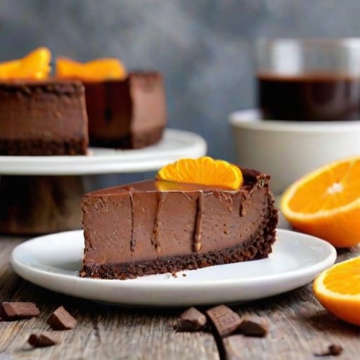 Create an image of a rich chocolate cheesecake with a smooth texture. The cake should be garnished with orange slices and chocolate pieces on top. Display it on a rustic wooden cake stand, with a few slices served on white plates beside it. The background should be soft and neutral to highlight the dessert.